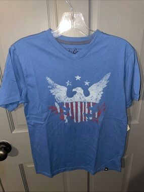Blue Lucky Brand Graphic V-Neck T-Shirt with Eagle Print